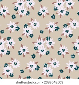 Patrón floral sin soldadura, impresión de color marrón libre con pequeñas plantas simples. Diseño botánico en colores naturales: flores pequeñas dibujadas a mano, hojas, ramos en un fondo beige. Ilustración vectorial.