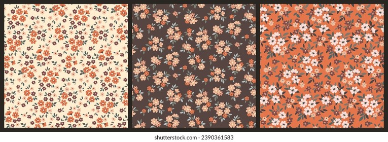 Seamless floral pattern, liberty ditsy print collection. Cute botanical design, background with autumn rustic motif: small hand drawn flowers, tiny leaves, pretty mini bouquets. Vector illustration.