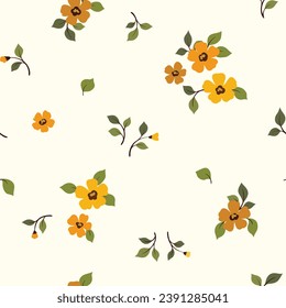 Seamless floral pattern, liberty ditsy print in a cute rustic, folk motif. Pretty botanical design: small hand drawn yellow flowers, leaves on white. Simple textile print with mini botany. Vector.
