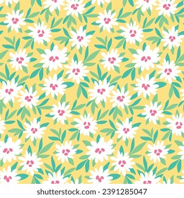 Seamless floral pattern, liberty ditsy print in a summer retro motif. Cute botanical design, simple nature pattern: small hand drawn flowers, green leaves on a yellow background. Vector illustration.
