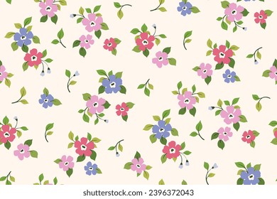 Seamless floral pattern, liberty ditsy print of pretty mini bouquets. Cute botanical design in a spring country motif: small hand drawn flowers, tiny leaves, twigs on white background. Vector pattern.