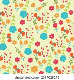 Seamless floral pattern, liberty ditsy print with cute mini daisies. Pretty botanical design with a modern retro motif: small hand drawn daisy flowers, tiny leaves, bouquets on a white field