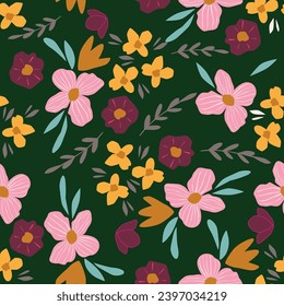 Seamless floral pattern, liberty ditsy print with cute mini daisies. Pretty botanical design with a modern retro motif: small hand drawn daisy flowers, tiny leaves, bouquets on a white field