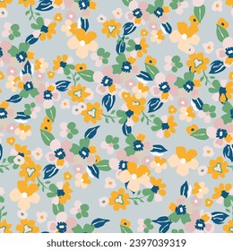 Seamless floral pattern, liberty ditsy print with cute mini daisies. Pretty botanical design with a modern retro motif: small hand drawn daisy flowers, tiny leaves, bouquets on a white field