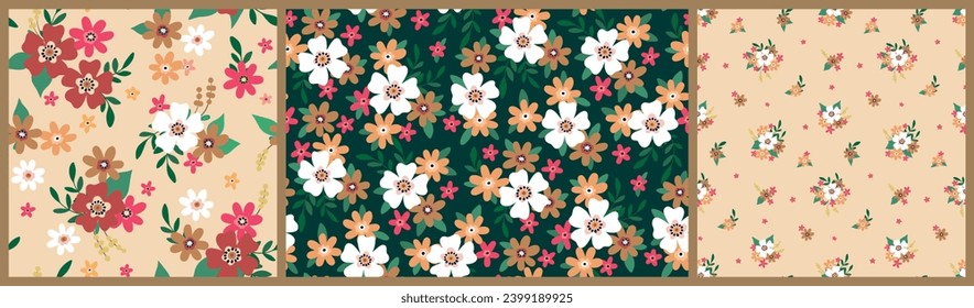 Nahtlose Blumenmuster, freier Farbdruck mit süßen Cartoon-Blumen in der Sammlung. Hübsches botanisches Design mit kleinen, handgezeichneten Blumen, Blättern, einfachen, winzigen Bouquets. Vektorblumenmuster.
