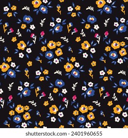 Seamless floral pattern, liberty ditsy print with mini plants in a retro motif. Cute botanical design: small hand drawn flowers, tiny leaves, simple colored bouquets on black. Vector flower pattern.