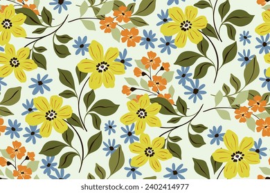 Seamless floral pattern, liberty ditsy print in old fashion folk motif. Cute botanical design with hand drawn wild garden: large yellow flowers, small branches, leaves on white. Vector flower pattern.