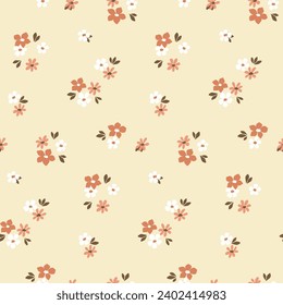 Seamless floral pattern, liberty ditsy print of mini cute flowers in natural color. Pretty botanical design: small hand drawn flowers, tiny leaves on beige Simple vector flower fabric, wallpaper print