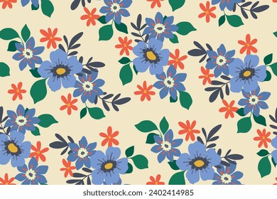 Seamless floral pattern, liberty ditsy print in folk motif. Cute botanical design with simple hand drawn plants: small flowers, tiny leaves, bouquets on light background. Pretty vector flower pattern.