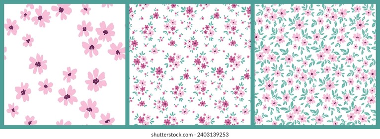 Seamless floral pattern, liberty ditsy print of mini pretty flowers in the collection. Cute botanical design: small hand drawn flora, tiny pink flowers, leaves on white. Vector romantic flower pattern