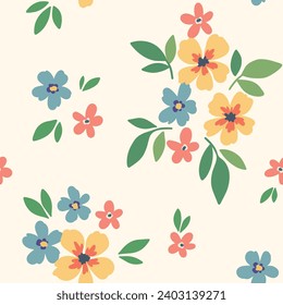 Seamless floral pattern, liberty ditsy print of summer flowers in a rustic motif. Cute botanical design, ornament: small hand drawn flowers, tiny leaves, simple bouquet on white. Vector flower pattern