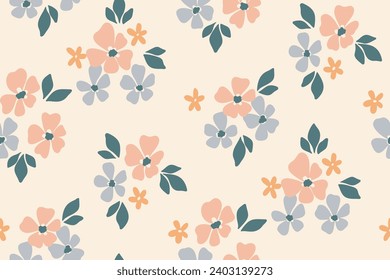 Patrón floral sin brillo, huella de color marrón de la libertad de la delicada botánica de primavera. Sencillo diseño botánico en tonos pastel: flores dibujadas a mano, hojas diminutas sobre rosa claro. Impresión de flor romántica vectorial