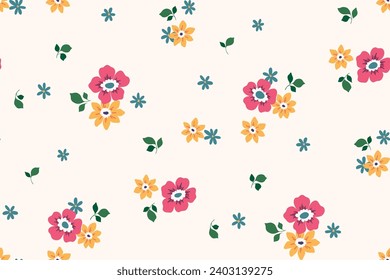 Seamless floral pattern, liberty ditsy print of cute decorative botany. Pretty botanical design: small hand drawn flowers, tiny leaves, simple bouquets on white. Vector flower pattern in country motif