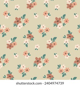 Seamless floral pattern, liberty ditsy print with mini cute flowers. Pretty shabby chic botanical design of tiny hand drawn bouquets, small daisy flowers, leaves. Romantic vector little flower pattern