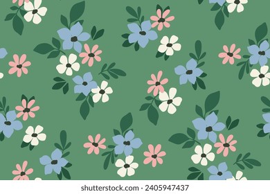 Patrón floral sin fisuras, huella marrón de la libertad de la simple pradera de verano. Diseño botánico lindo: flores de margarita dibujadas a mano, hojas diminutas, bonitos ramos en verde. Ilustración vectorial, ornamento floral