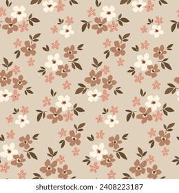 Seamless floral pattern, liberty ditsy print in simple small daisy flowers. Cute botanical design in neutral beige colors: abstract arrangement of tiny hand drawn flowers, leaves. Vector fashion print