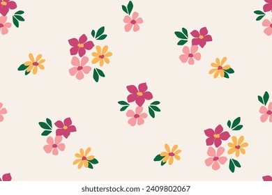 Seamless floral pattern, liberty ditsy print with mini pretty flowers. Simple cute botanical design: small hand drawn daisy flowers, tiny leaves abstract on white background. Vector illustration.