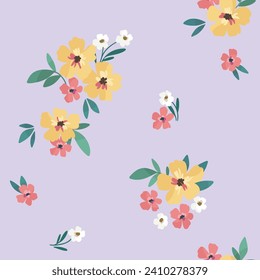 Seamless floral pattern, liberty ditsy print of small cute flowers. Pretty simple botanical design for textile, wallpaper, any surface: small hand drawn flowers, tiny bouquets on blue. Vector tile.