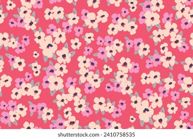 Seamless floral pattern, liberty ditsy print of mini flowers buds in a romantic motif. Pretty botanical surface design: hand drawn small flowers, tiny leaves on a pink background. Vector illustration.