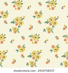 Seamless floral pattern, liberty ditsy print in little folk motif. Cute botanical design: small hand drawn yellow flowers, leaves, simple bouquets on light. Vector textile, wallpaper illustration.