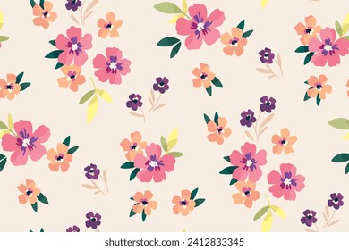 Seamless floral pattern, liberty ditsy print with cute watercolor flowers. Pretty botanical design: small hand drawn pink flowers, tiny leaves, simple abstract bouquets on a light. Vector illustration