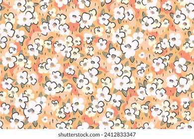 Seamless floral pattern, liberty ditsy print of pretty mini flowers, delicate spring meadow. Cute botanical design: small hand drawn flowers, tiny leaves, grass abstract on a peach background. Vector.
