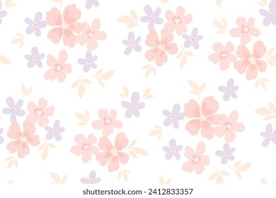 Seamless floral pattern, liberty ditsy print of pretty watercolor botany. Botanical design: small hand drawn flowers, little leaves, simple bouquets abstract on a white background. Vector illustration