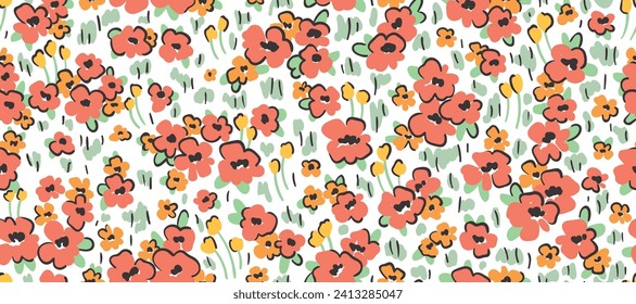 Seamless floral pattern, liberty ditsy print of simple meadow. Cute botanical design, wallpaper: small hand drawn daisy flowers, tiny leaves, grass abstract on a white background. Vector illustration