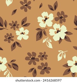 Patrón floral sin foco, huella marcadamente de libertad de una flora bastante simple. Diseño de superficie botánica cúpula: flores de margarita dibujadas a mano, pequeñas hojas abstractas sobre un fondo beige. Ilustración vectorial.