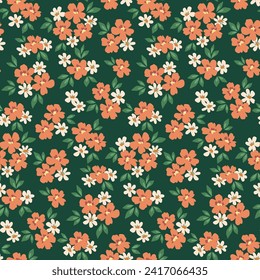 Seamless floral pattern, liberty ditsy print of mini small simple plants. Pretty botanical design in a retro motif: small hand drawn flowers, tiny leaves on a green background. Vector illustration.