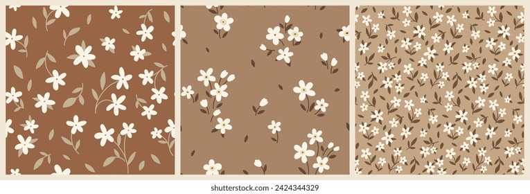 Patrón floral sin fisuras, colección de huellas de color marrón natural, beige. Diseño botánico mínimo: flores dibujadas a mano, hojas diminutas en una composición abstracta. Ilustración del vector