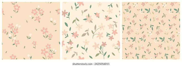 Seamless floral pattern, liberty ditsy print collection. Cute botanical design, pretty flower surface: small hand drawn daisy flowers, tiny leaves, mini simple plants in abstract. Vector illustration.