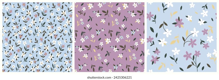 Seamless floral pattern, liberty ditsy print of mini cute botany. Pretty botanical design: small hand drawn daisy flowers, tiny leaves on a blue, purple background. Flower surface, vector illustration