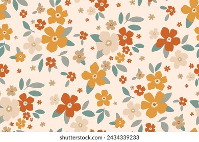 Nahtloses florales Muster, Liberty ditsy Print in zarten Naturfarben. Hübsches botanisches Design im Retro-Motiv: einfache handgezeichnete kleine Blumen, winzige Blätter abstrakt auf Licht. Vektorgrafik.