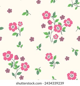 Seamless floral pattern, liberty ditsy print, simple ornament in a folk motif. Pretty botanical design, nature wallpaper: small pink flowers, stems, tiny leaves abstract on a white background. Vector.