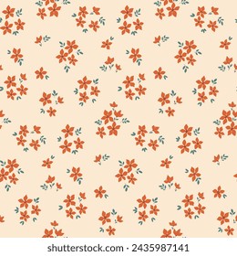 Seamless floral pattern, liberty ditsy fashion print of mini red flowers in retro motif. Elegant botanical design, abstract ornament: small flowers, tiny leaves. Vector wallpaper, textile illustration