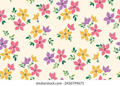 Seamless floral pattern, liberty ditsy print in a colorful summer motif. Cute botanical wallpaper, textile design: small hand drawn flowers, tiny  leaves, simple abstract bouquets. Vector illustration