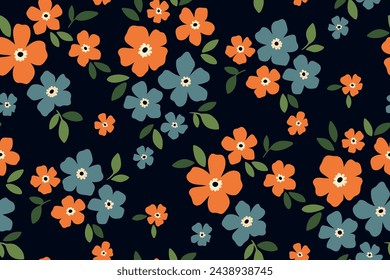 Seamless floral pattern, liberty ditsy print of tiny hand drawn plants on black surface. Cute botanical design, nature decor: small flowers, tiny leaves, simple bouquets abstract. Vector illustration.