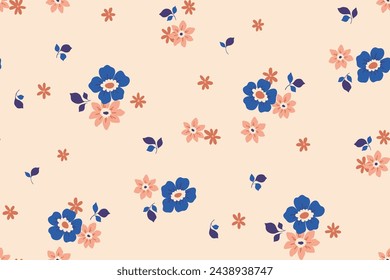 Seamless floral pattern, liberty ditsy print in a minimal retro motif. Botanical design, wallpaper decor: small hand drawn flowers, tiny leaves, simple bouquets on neutral surface. Vector illustration