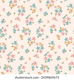 Seamless floral pattern, liberty ditsy print, pretty abstract ornament of tiny botany. Cute botanical design: small hand drawn flowers, leaves, mini bouquets. Vector wallpaper, textile illustration.