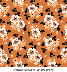 Seamless floral pattern, liberty ditsy print in retro motif. Elegant botanical wallpaper, textile: decorative hand drawn plants, small flowers, tiny leaves, bouquets on orange. Vector illustration.