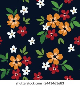 Seamless floral pattern, liberty ditsy print, nature ornament of simple botany. Cute botanical design: hand drawn small flowers, tiny leaves, abstract bouquets on dark background. Vector illustration.