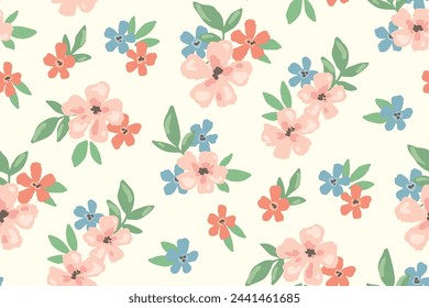 Seamless floral pattern, liberty ditsy print, nature ornament in a romantic motif. Cute botanical design, delicate flower wallpaper: hand drawn small pink flowers on white. Vector illustration.