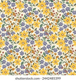 Estampado floral sin costuras, estampado liberty ditsy con motivos vintage. Diseño botánico simple y elegante: pequeñas flores amarillas, hojas diminutas, prado silvestre dibujado a mano. Ornamento abstracto de la flor. Ilustración de vector