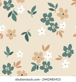 Seamless floral pattern, liberty ditsy print, simple nature decor. Cute botanical design: small hand drawn pretty flowers, tiny leaves, mini bouquets on a light beige background. Vector illustration.