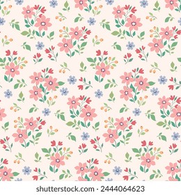 Seamless floral pattern, liberty ditsy print, abstract nature ornament in pretty folk motif. Cute botanical design: small hand drawn flowers, tiny leaves in pastel spring colors. Vector illustration.