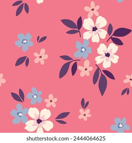 Seamless floral pattern, liberty ditsy print of simple small daisies. Cute botanical wallpaper, textile design: tiny hand drawn flowers, mini leaves abstract on pink background. Vector illustration.