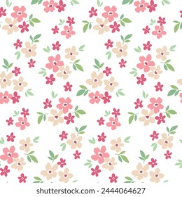 Seamless floral pattern, liberty ditsy print in a romantic spring motif. Cute botanical design: small simple hand drawn pink daisy flowers, tiny leaves on a white background. Vector illustration.