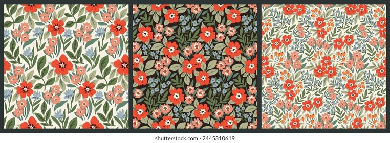 Patrón floral sin costuras, libertad ditsy impresión, adorno abstracto en el motivo popular. Colección decorativa de diseño botánico: dibujado a mano Pequeñas flores rojas, hojas, textura de pradera. Ilustración vectorial.