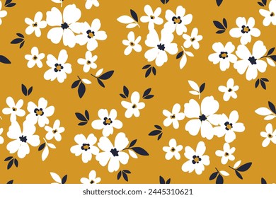 Seamless floral pattern, liberty ditsy print, hand drawn abstract ornament with simple plants. Pretty botanical design: small white daisy flowers, tiny leaves on a yellow field. Vector illustration.